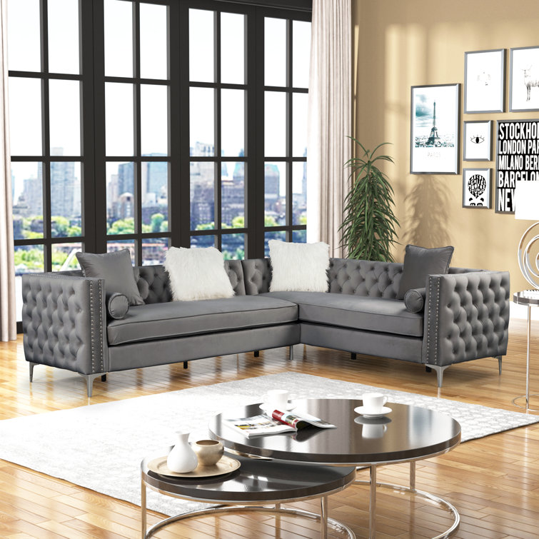 Solid Wood Tufted Grey Velvet Mourcourt L Shaped Sofa By Sofa Crafter Sofa Crafter