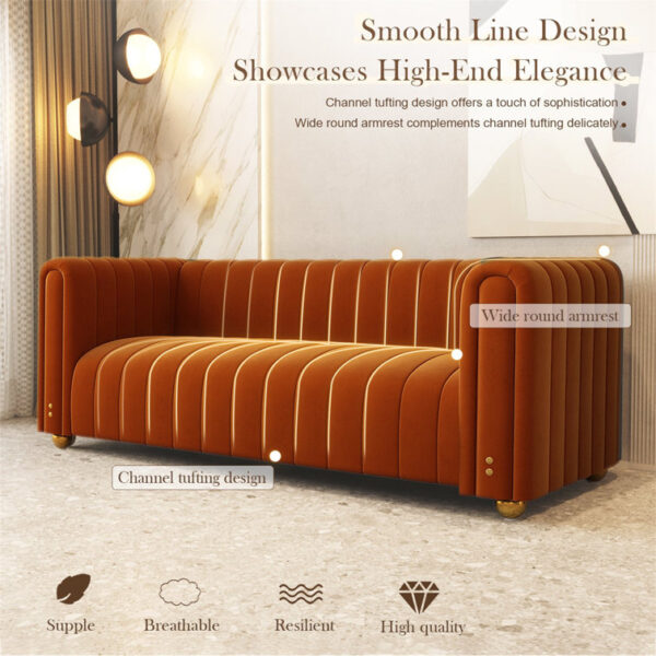 Solid Wood Tufted Channel Round Arm Three Seater Sofa By Sofa Crafter