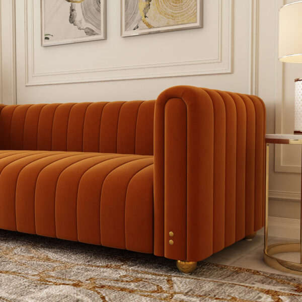 Solid Wood Tufted Channel Round Arm Three Seater Sofa By Sofa Crafter
