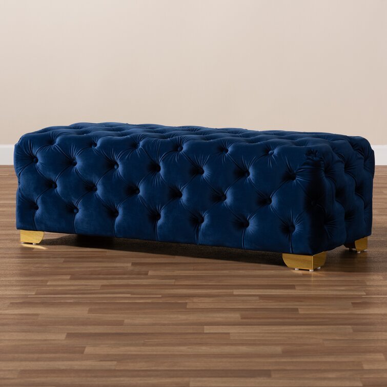 Solid Wood Tufted Blue Cutright Upholstered Ottoman Bench By Sofa Crafter