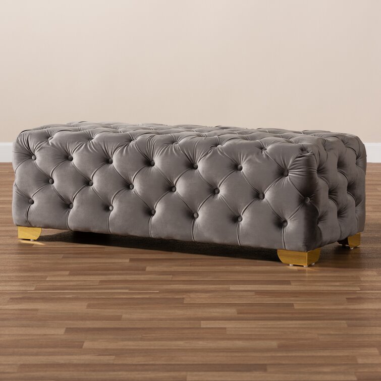 Solid Wood Tufted Grey Cutright Upholstered Ottoman Bench By Sofa Crafter