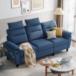 Sofa Crafter Linzia Blue Three Seater Sofa With USB Charging port and Side Pockets