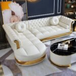 Drek Modern L-Shaped White Corner Sectional Sofa Leather with Chaise Pillows By Sofa Crafter