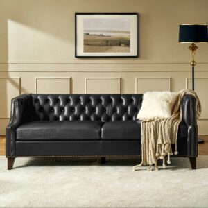 Grace Theotis Chesterfield Button Tufting Genuine Leather Sofa with Solid Wood Legs By Sofa Crafter